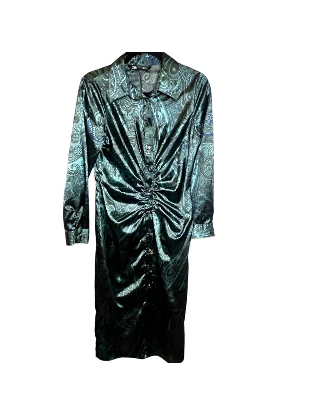 Zara Dress Size M Green Paisley Midi Satin Shirt Dress Long Sleeve Party Wedding